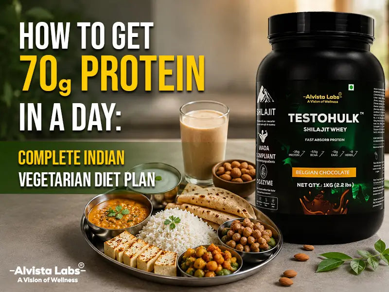 70g protein Indian vegetarian diet thali with Alvista Labs Testohulk Shilajit Whey jar