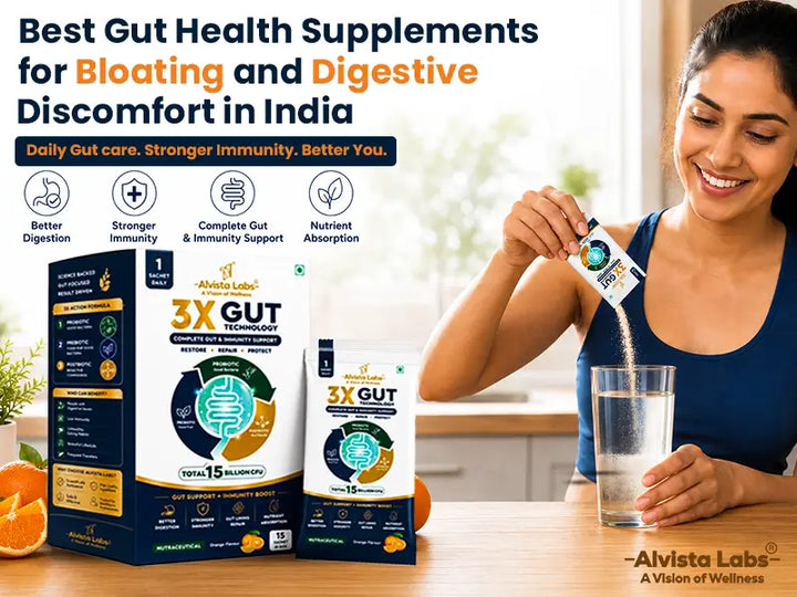 Best gut health supplements for bloating in India - Alvista Labs 3X Gut Technology powder sachet being poured into a glass of water by a woman.