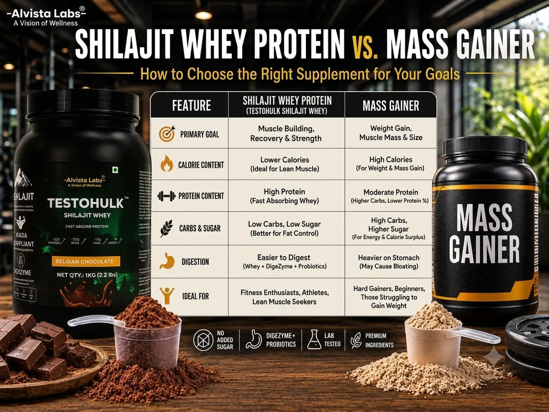 Alvista Labs Shilajit Whey Protein vs Mass Gainer comparison chart   with product tubs and nutrition details 