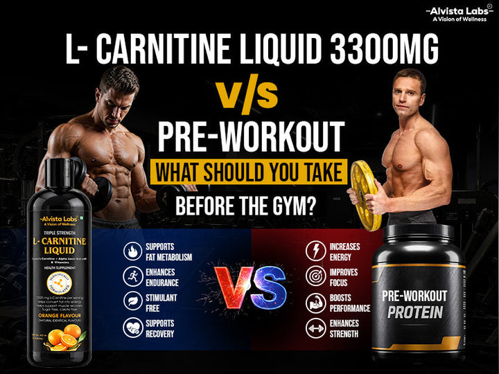 Alvista Labs banner comparing Pre-Workout vs L-Carnitine Liquid with text Which one is better for you