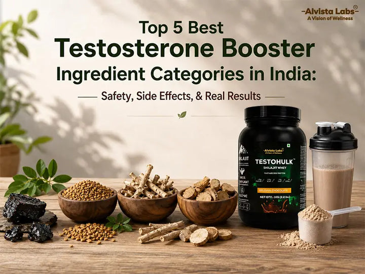 Best testosterone booster ingredients in India featuring Alvista Labs TestoHulk Shilajit Whey Protein, raw Shilajit, Fenugreek seeds, and Ashwagandha roots on a wooden table. 