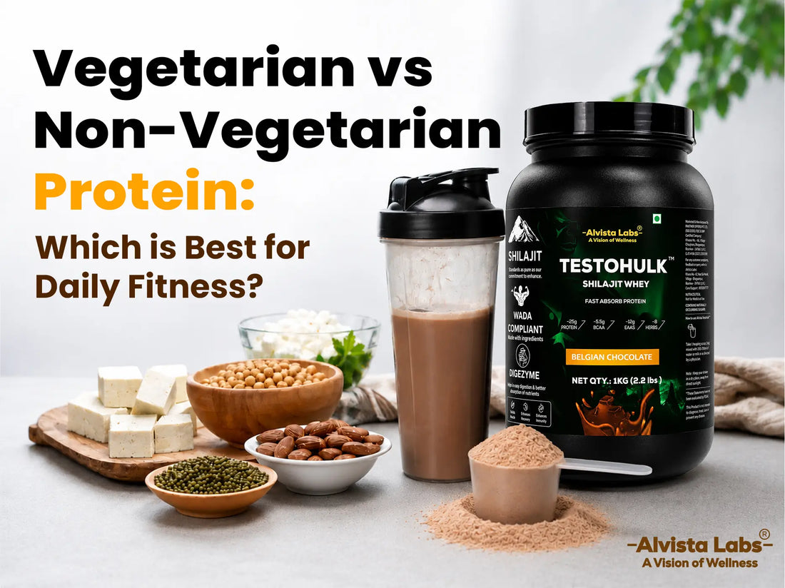 Banner comparing Vegetarian vs Non-Vegetarian Protein featuring Alvista Labs Testohulk Shilajit Whey protein powder, shaker bottle, scoop, and vegetarian sources like paneer, almonds, and lentils