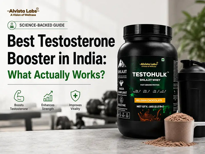 Alvista Labs TestoHulk Shilajit Whey Protein jar next to a gym background featuring text: Best Testosterone Booster in India: What Actually Works?