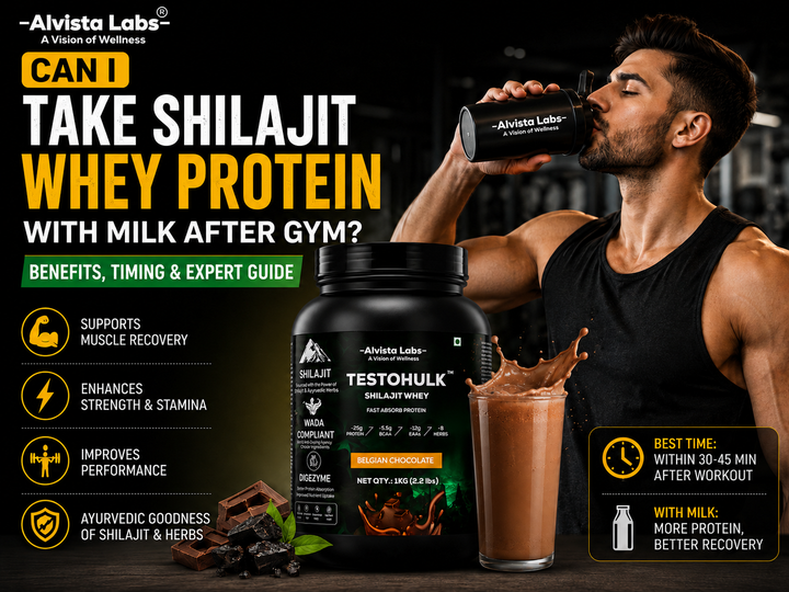 "Fitness enthusiast drinking Alvista TestoHulk Shilajit Whey Protein shake mixed with milk after gym"