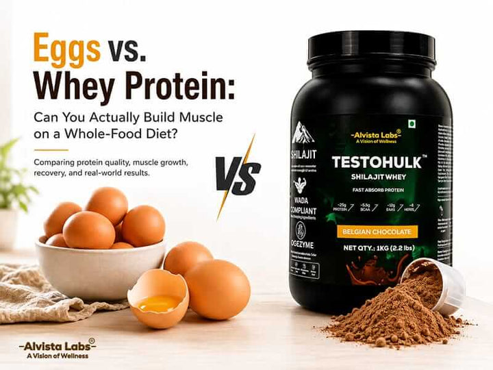 Eggs vs Whey Protein comparison for muscle building featuring Alvista Labs Testohulk Shilajit Whey Protein 
