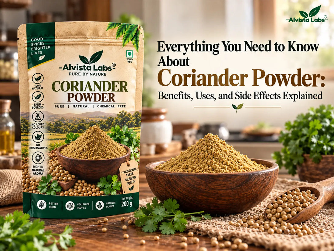 Alvista Labs Pure Coriander Powder packet and a wooden bowl with ground dhaniya powder.