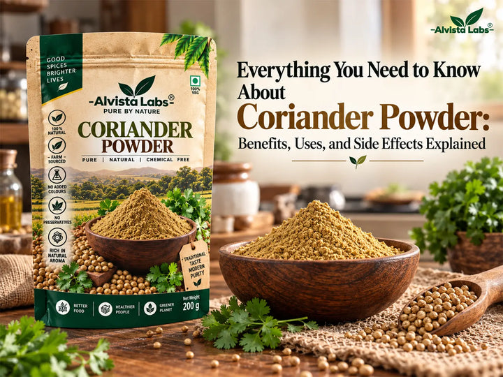 Alvista Labs Pure Coriander Powder packet and a wooden bowl with ground dhaniya powder.