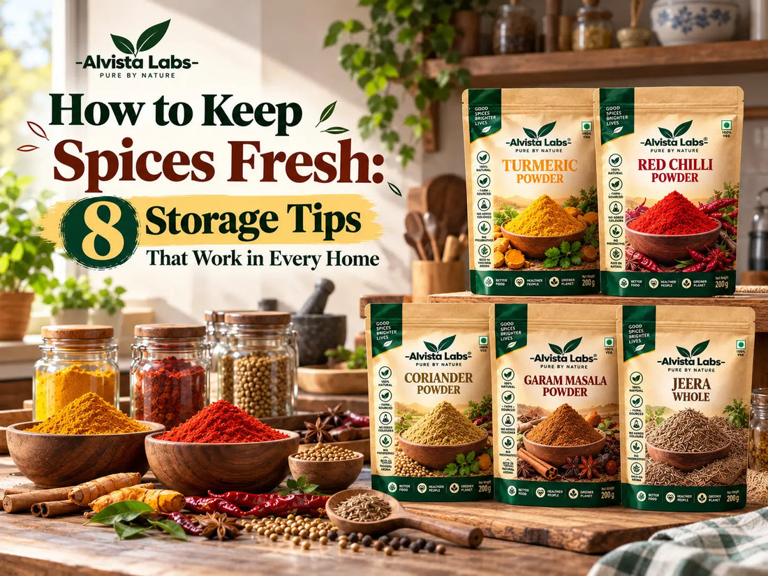 Alvista Labs Natural Spices packs and fresh whole masalas with airtight glass jars in a kitchen setting - How to Keep Spices Fresh storage guide