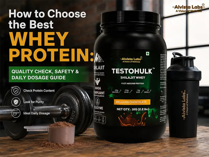 How to choose the best whey protein guide featuring Alvista TESTOHULK Shilajit Whey tub with a gym shaker