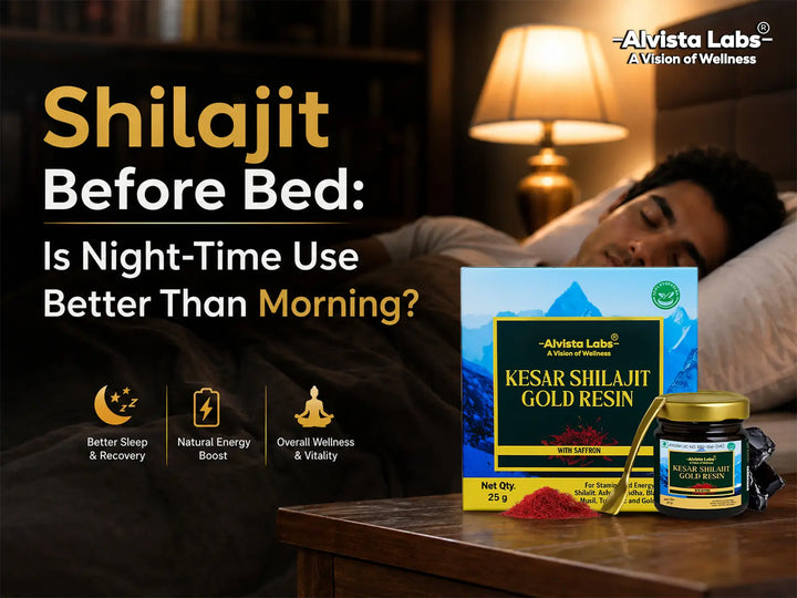 Alvista Labs Kesar Shilajit Gold Resin 25g jar with spoon and saffron, highlighting night-time sleep recovery and natural energy benefits