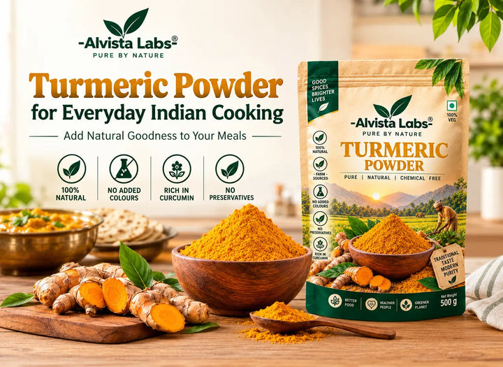 Alvista Labs 500g Natural Turmeric Powder pack for everyday Indian cooking