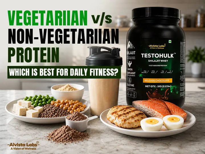 Vegetarian vs. Non-Vegetarian Protein sources with Alvista Labs Testohulk Shilajit Whey jar, tofu, lentils, salmon, chicken breast, and eggs on a kitchen counter