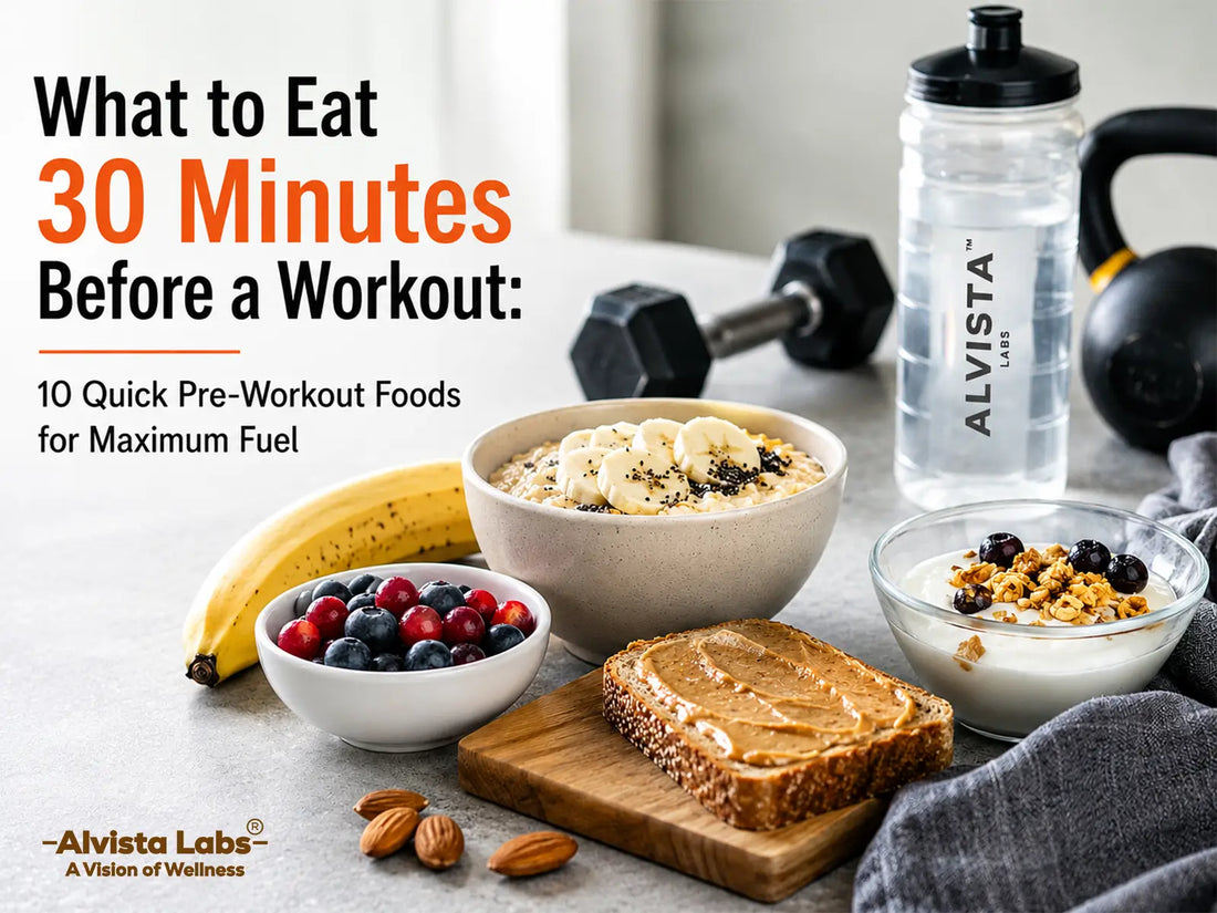 10 quick pre-workout foods including banana, oatmeal, berries, and toast displayed with gym gear