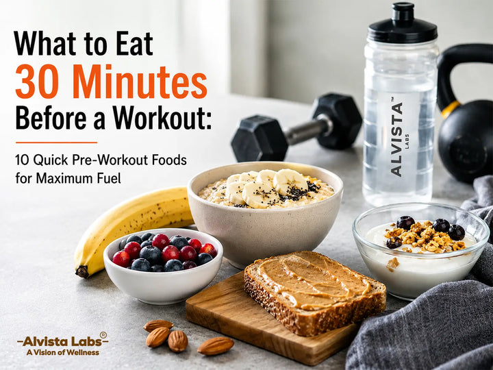10 quick pre-workout foods including banana, oatmeal, berries, and toast displayed with gym gear