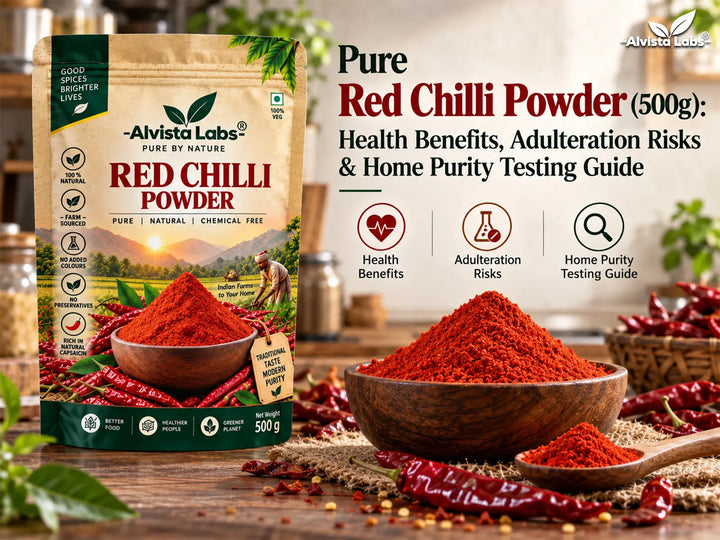 Alvista Labs Pure Red Chilli Powder 500g pack with fresh red chillies and a guide on health benefits, adulteration risks, and home purity testing