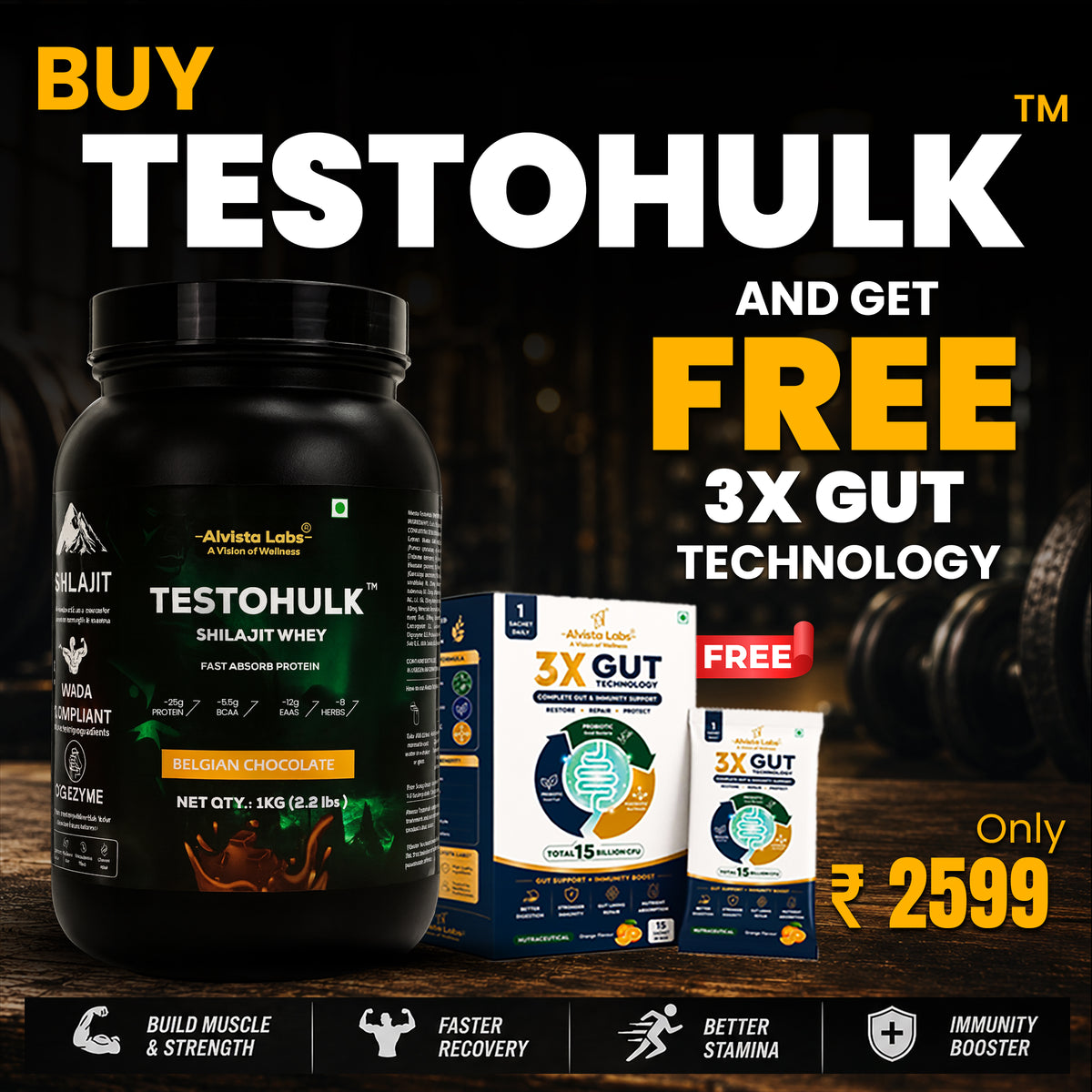 Alvista Labs TestoHulk Shilajit Whey Protein 1kg + Alvista Labs 3X Gut Technology 15 sachet Free