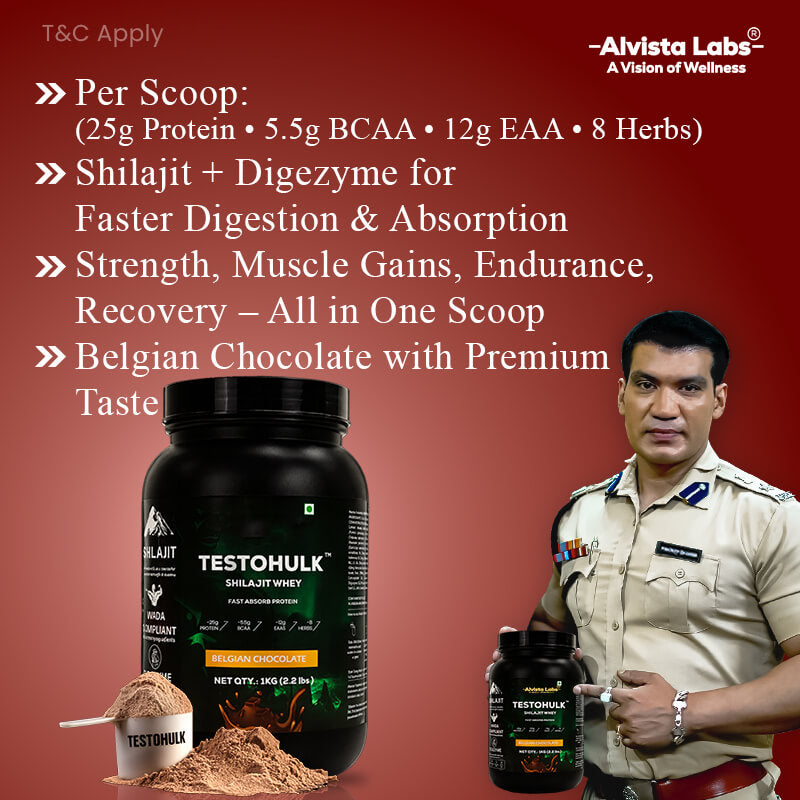 Alvista Labs TestoHulk Shilajit Whey Protein 1kg + Alvista Labs 3X Gut Technology 15 sachet Free