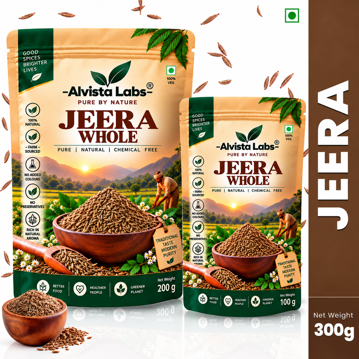 Alvista Labs Natural Jeera (Whole Cumin Seeds) – 100g+200g Combo, Total 300g