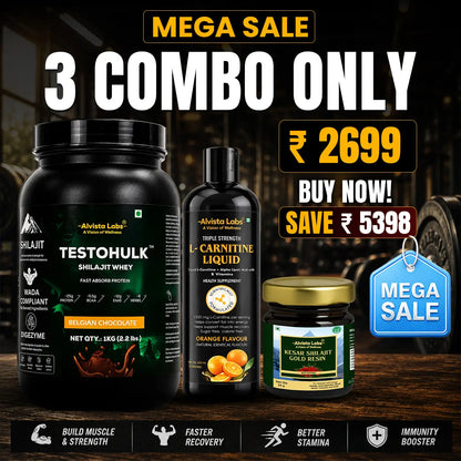 TESTOHULK™ Shilajit Whey Fast Absorb Protein-1kg +Alvista Kesar Shilajit Gold Resin-25g+Alvista Labs L-Carnitine 3300Mg Combo Pack