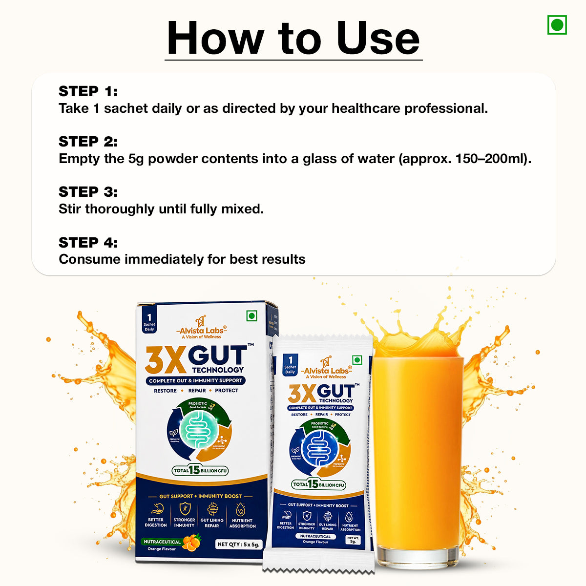 Alvista Labs 3X Gut Technology Combo Pack (30 Sachets) – Orange Flavour