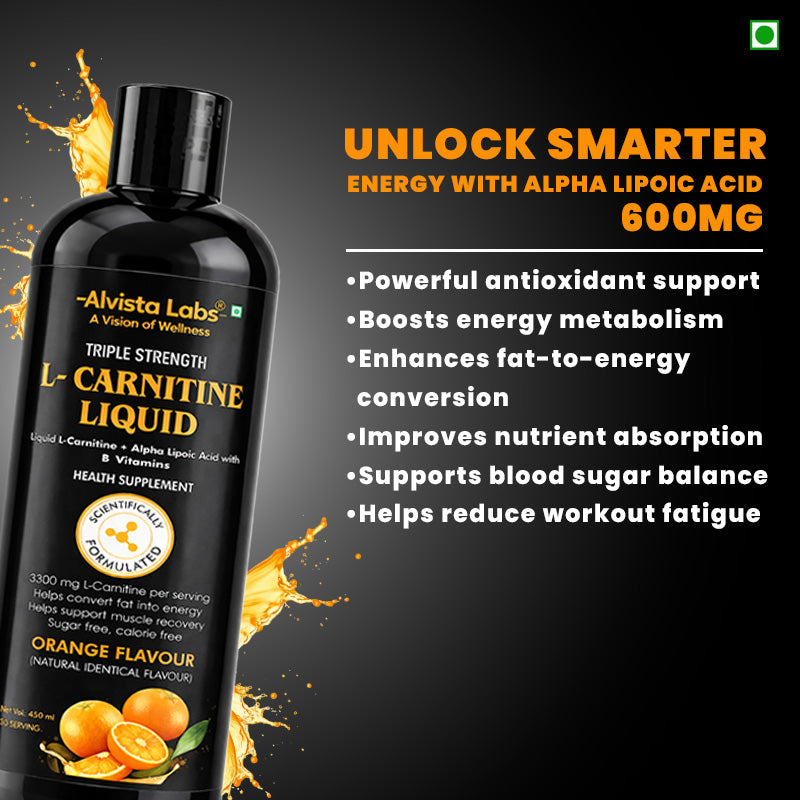 Alvista Labs Triple Strength L-Carnitine Liquid 3300mg | Orange Flavour | Fat to Energy Formula