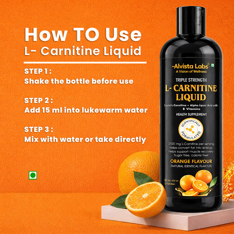 Alvista Labs Triple Strength L-Carnitine Liquid 3300mg | Orange Flavour | Fat to Energy Formula
