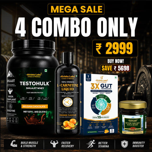 Alvista Labs 4-in-1 Mega Saver Combo (Testohulk Shilajit Whey + L-Carnitine Liquid + 3X Gut Technology + Kesar Shilajit Gold Resin)